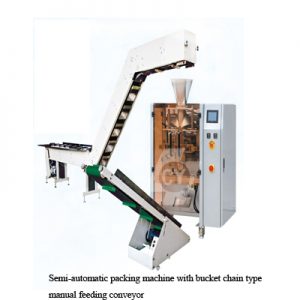 Semi-automatic packing machine with bucket chain type manual feeding conveyor DC-4230C/5235C